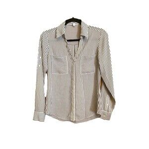 Express Women's Shirt Portofino Button Up White Black Striped Slim Blouse Top XS